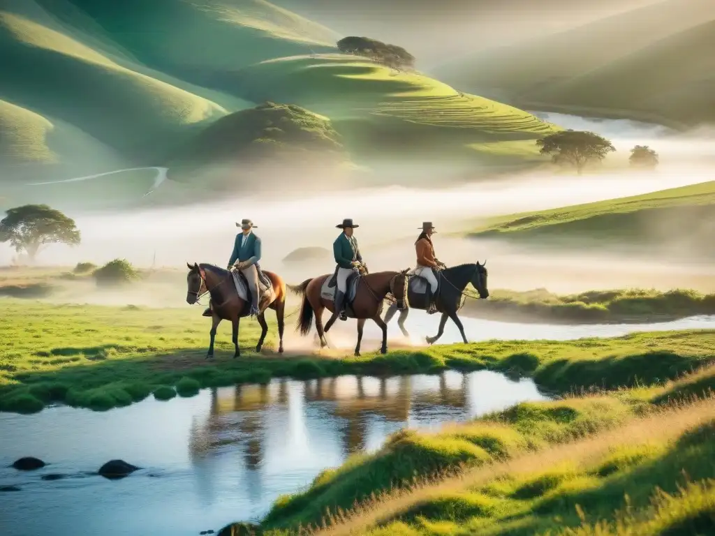 Un viaje a caballo emocionante por el campo de Uruguay en un día soleado, con jinetes vestidos de gauchos cruzando un arroyo