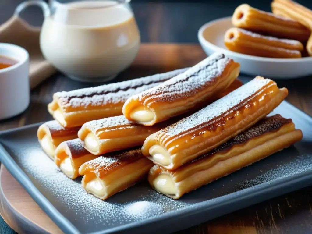 Viaje culinario a la cocina uruguaya: mesa de postres tradicionales con churros, alfajores y flan en mercado de Montevideo