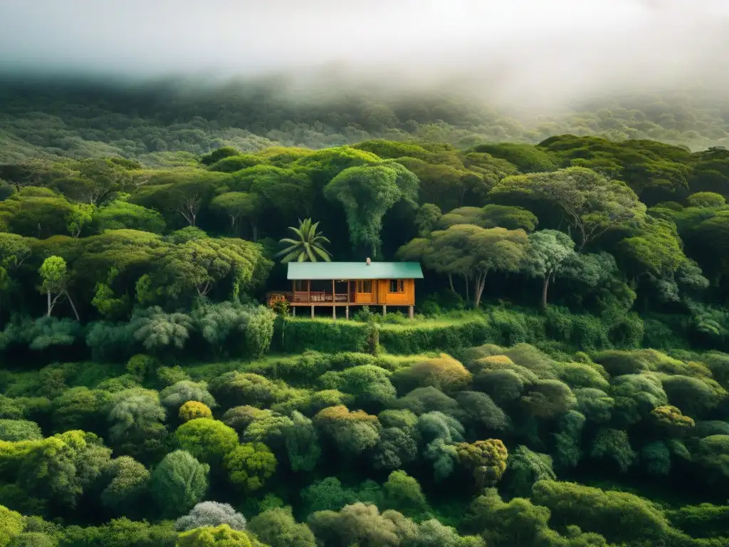 Viaje ecoamigable en Uruguay: cabañas entre exuberante bosque nativo, sol filtrándose en la densa vegetación