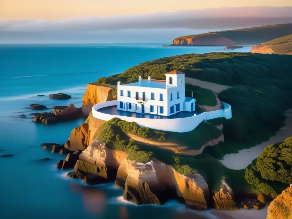 Viaje fotográfico paisajes Uruguay: Casapueblo bañada por la luz dorada del atardecer en Punta Ballena