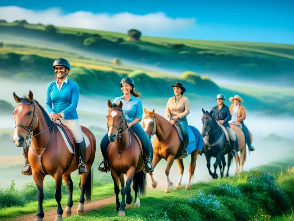 Viaje inclusivo en Uruguay: diversidad de viajeros disfrutando de paseo a caballo en turismo rural inclusivo Uruguay