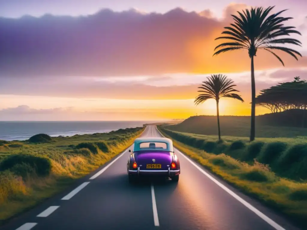 Viaje inolvidable en Uruguay: atardecer vibrante sobre ruta costera, clásico auto vintage en camino