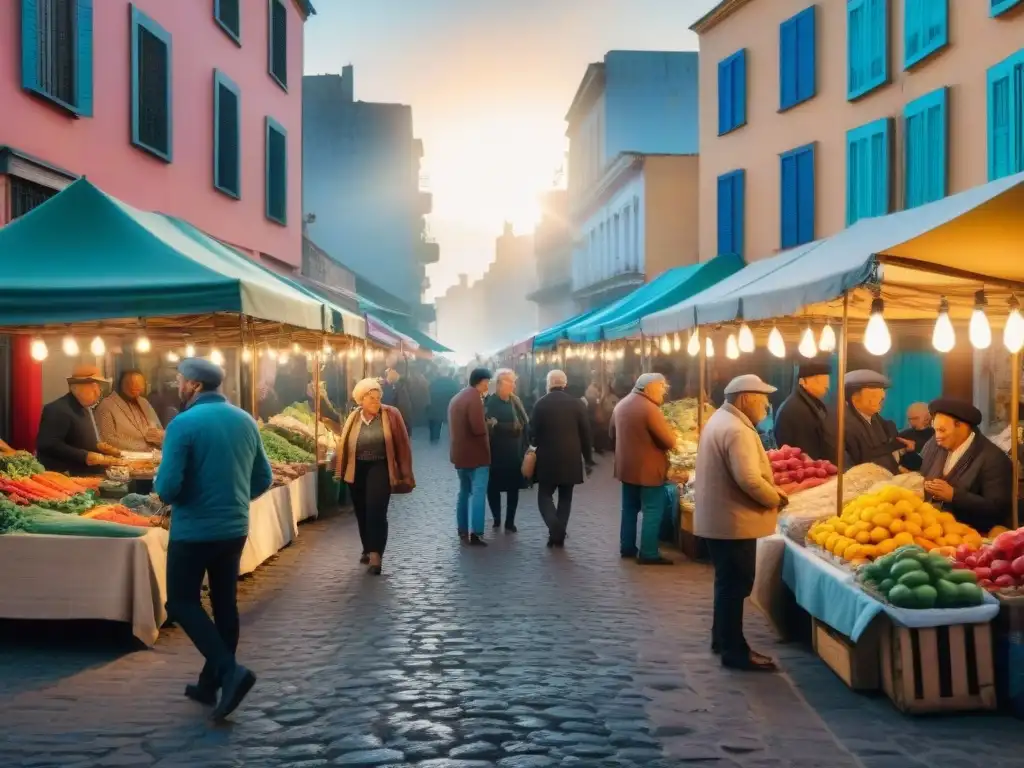 Una fotografía de viaje en Uruguay: mercado callejero vibrante en Montevideo con puestos coloridos y energía local