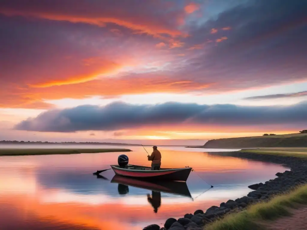 Viaje de pesca deportiva en Uruguay: atardecer vibrante sobre el río, pescador solitario en bote