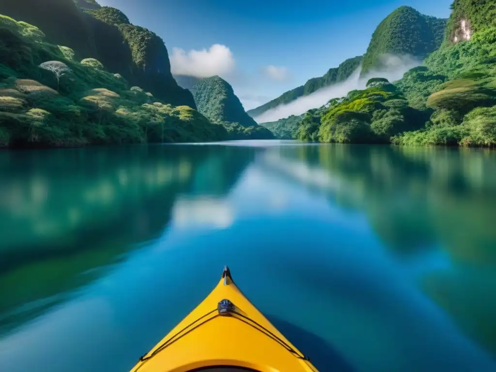 Viaje en kayak por Río Negro: Remando serenamente entre exuberante vegetación y cielo azul reflejado en el río