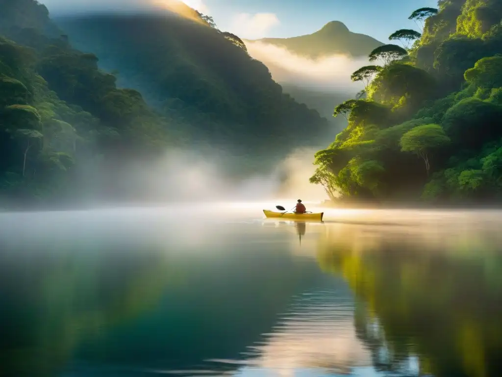 Viaje en kayak por Río Negro: Escena mística al amanecer, con remador solitario en aguas serenas y bosques verdes