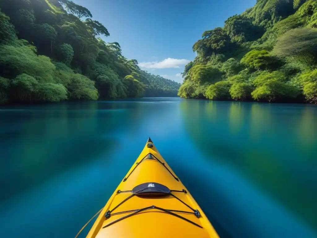 Viaje en kayak por Río Negro: remo colorido corta aguas serenas, vegetación exuberante y cielo azul