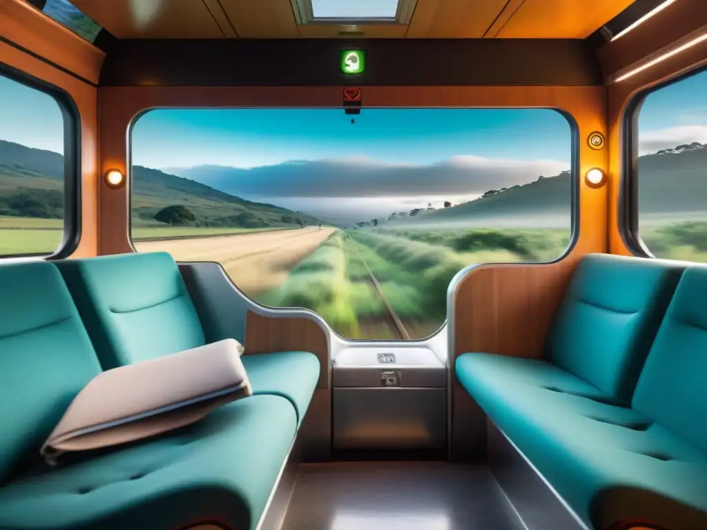 Un viaje en tren sostenible en Uruguay: cómodos asientos, materiales ecofriendly, ventanas panorámicas y pasajeros relajados disfrutando del paisaje