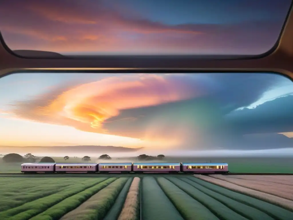 Viaje en tren sostenible por las infinitas llanuras verdes de Uruguay al amanecer, con tonos dorados y pastel en el cielo