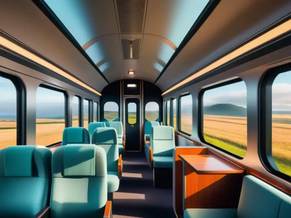 Viaje en tren sostenible en Uruguay: Compartimento moderno con cómodos asientos, ventanas panorámicas y pasajeros disfrutando del paisaje