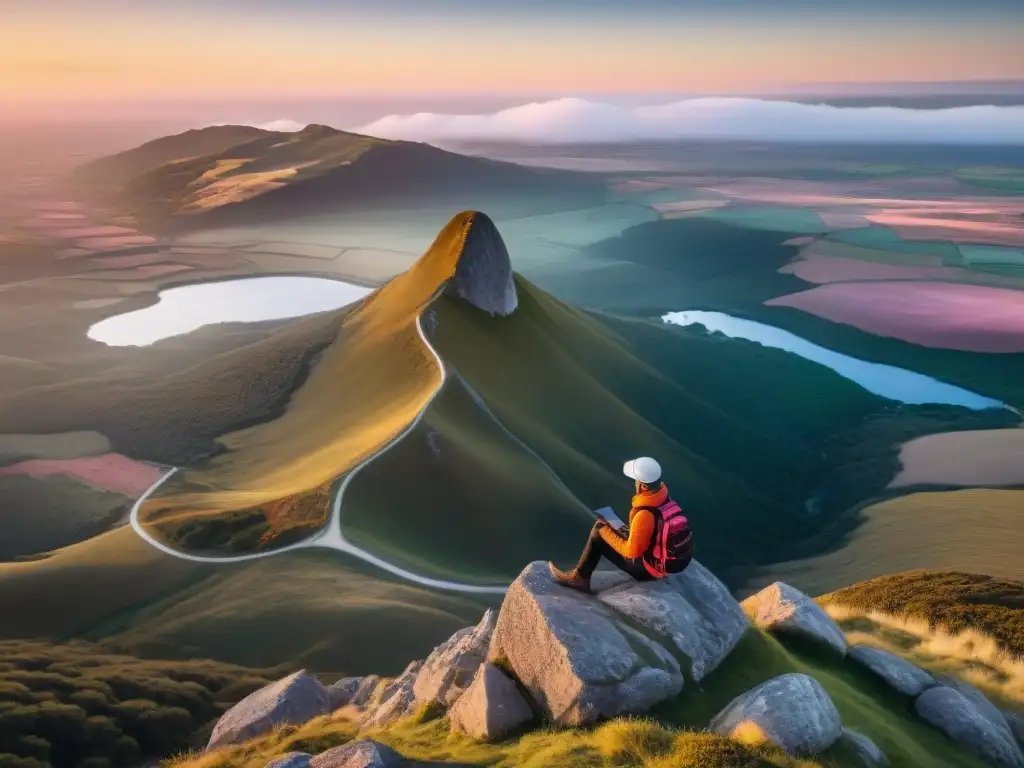 Un viajero en un acantilado en Uruguay con un dispositivo de comunicación, conectado con la naturaleza al atardecer