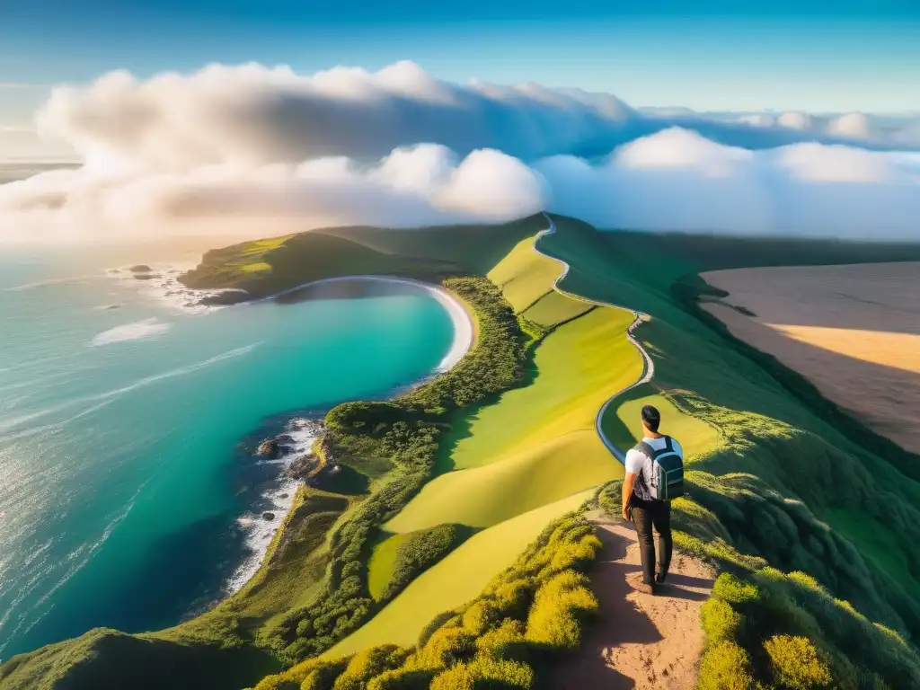 Un viajero en un acantilado, con mapa, contempla el paisaje uruguayo