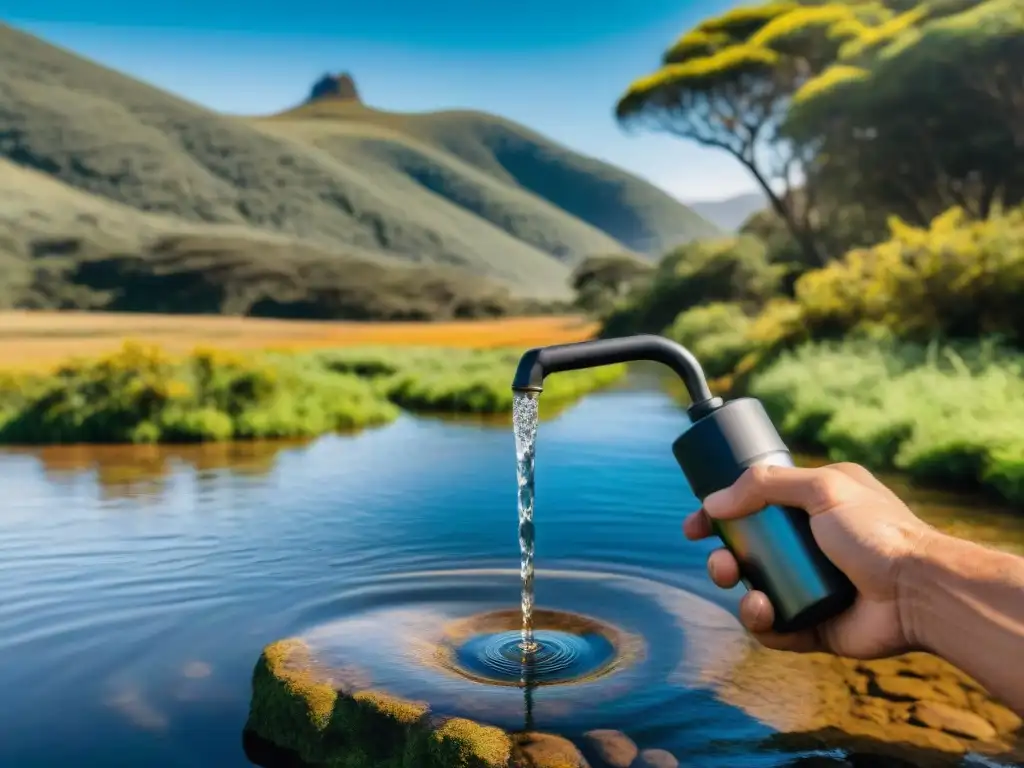 Un viajero purifica agua en Uruguay con filtros agua portátiles, en armonía con la naturaleza