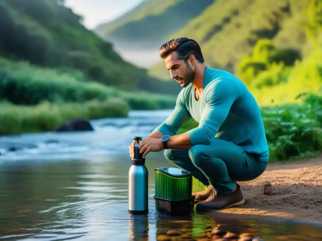 Viajero en Uruguay purifica agua de río con filtro portátil, rodeado de exuberante vegetación