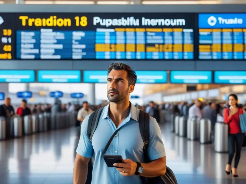 Un viajero ansioso en un bullicioso aeropuerto de Uruguay, mirando su reloj con pasaporte y seguro de viaje último minuto