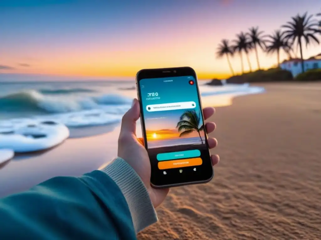 Viajero en Uruguay usando app de emergencia en la playa al atardecer
