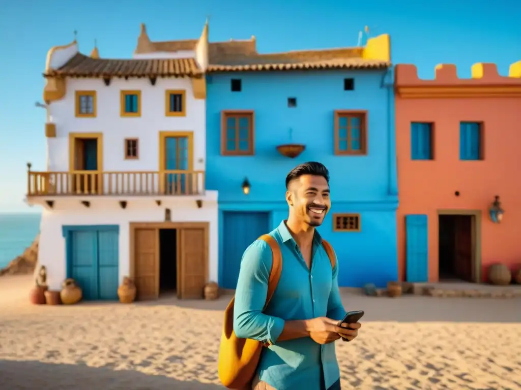 Viajero usando app de traducción frente a Casapueblo en Punta Ballena, Uruguay