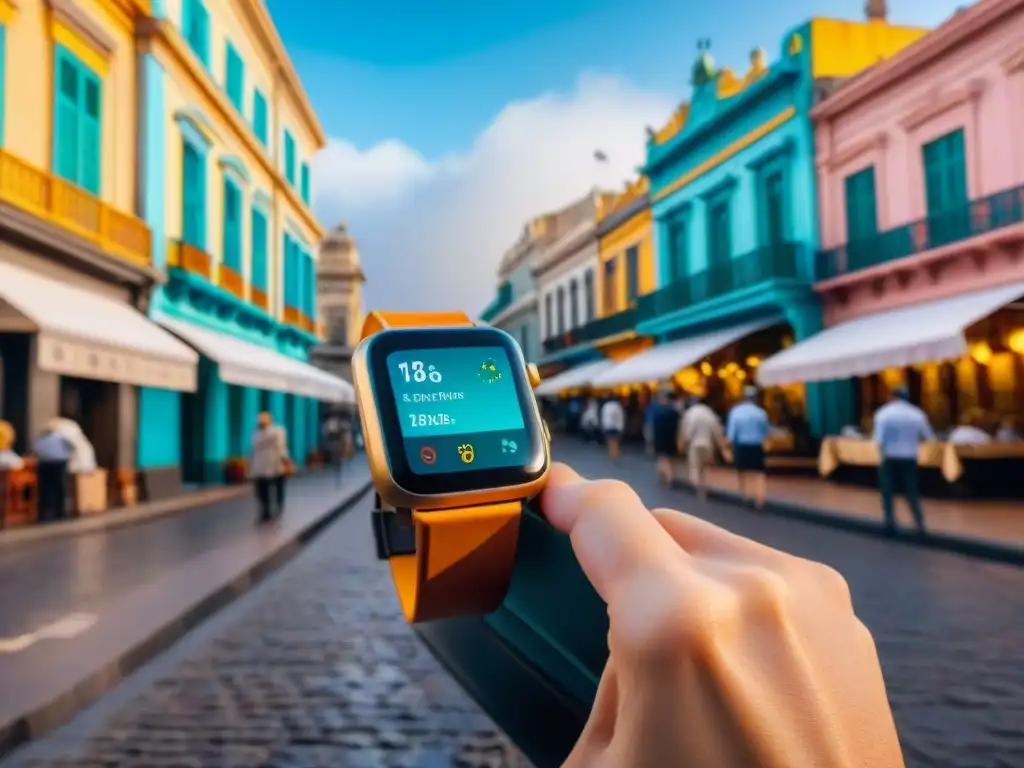 Explorador moderno en Montevideo: reloj inteligente y arquitectura colonial Un viajero con smartwatch explora Montevideo, Uruguay, entre arquitectura colorida y locales, en una experiencia de viaje enriquecedora