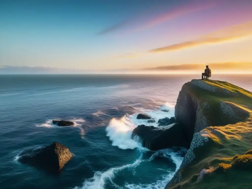 Viajero contemplando el atardecer en acantilado de Uruguay con mar y barcos al fondo