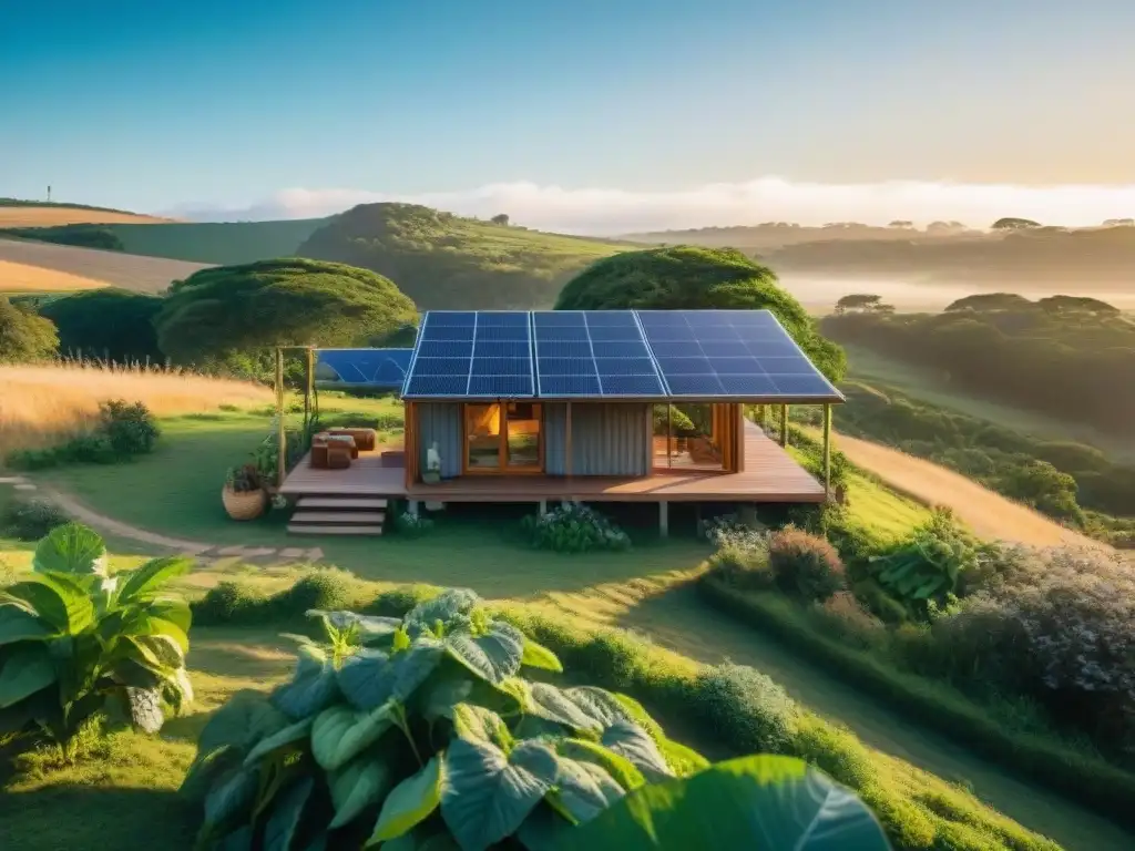 Cabaña ecológica en Uruguay con viajero disfrutando del atardecer - Cabañas ecológicas Uruguay viajeros