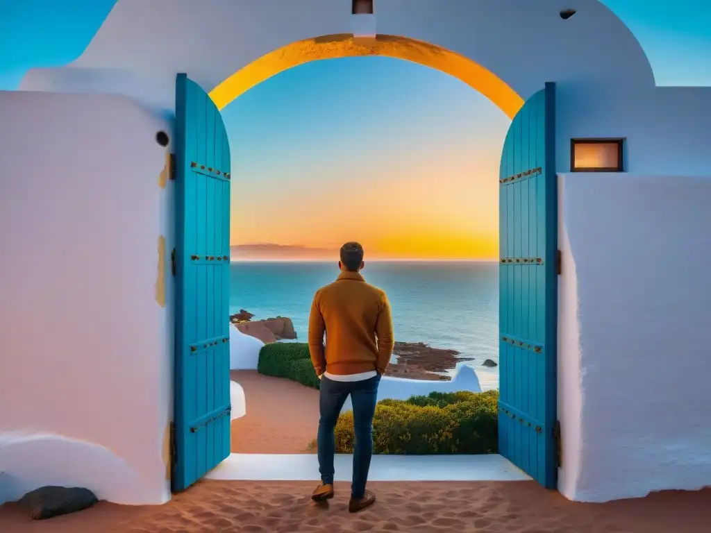 Un viajero contempla el atardecer en Casapueblo, Uruguay, resaltando la belleza cultural y la necesidad del Seguro de viaje Uruguay beneficios