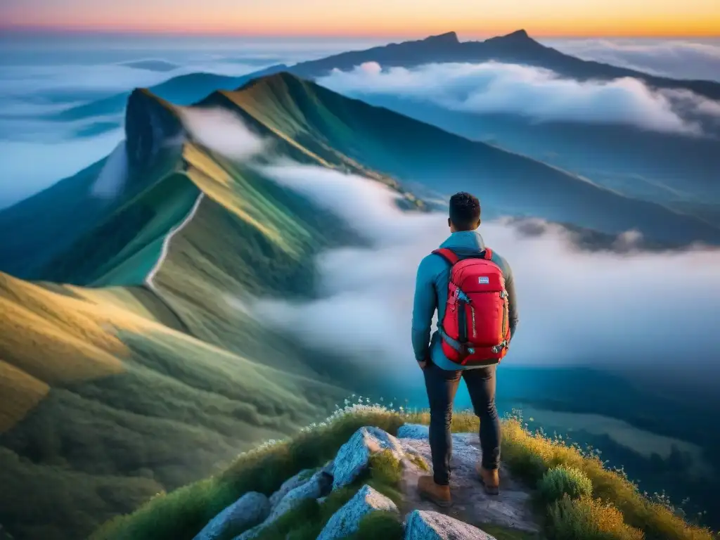 Viajero disfruta atardecer en cima de montaña, empacar mochila viaje ligero