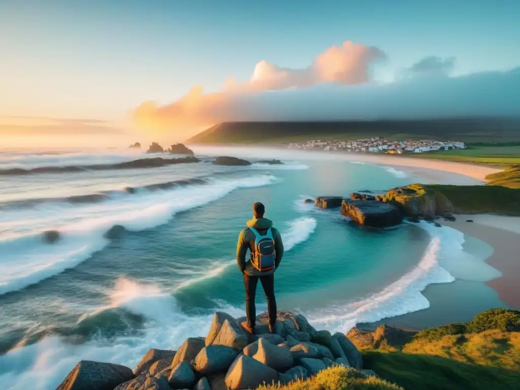 Viajero contemplando atardecer en costa uruguaya, añadiendo aventura a la escena