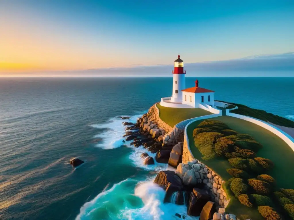 Un viajero captura el atardecer en el emblemático faro de Punta del Este en Uruguay con dispositivos móviles para exploración