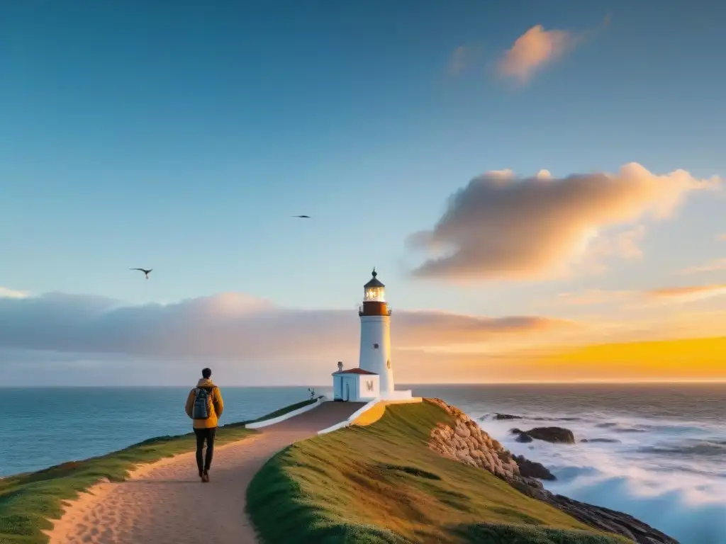 Un viajero contempla el atardecer en Punta del Este, con el faro de fondo