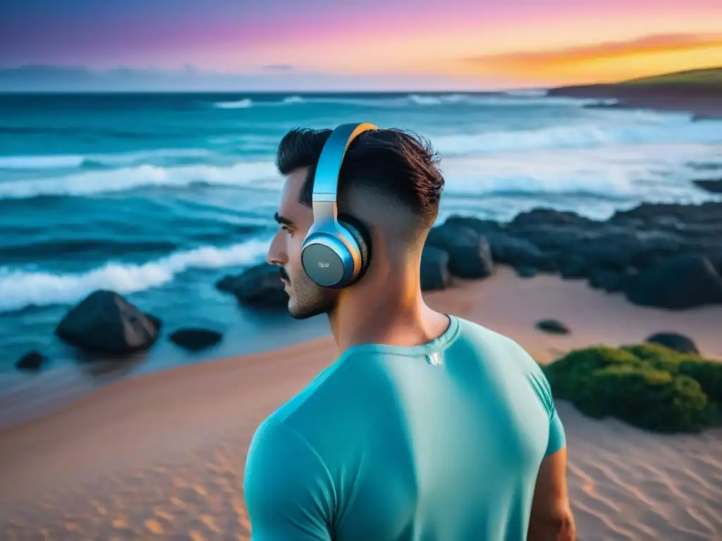 Un viajero con auriculares inalámbricos disfruta del atardecer en una playa de Uruguay