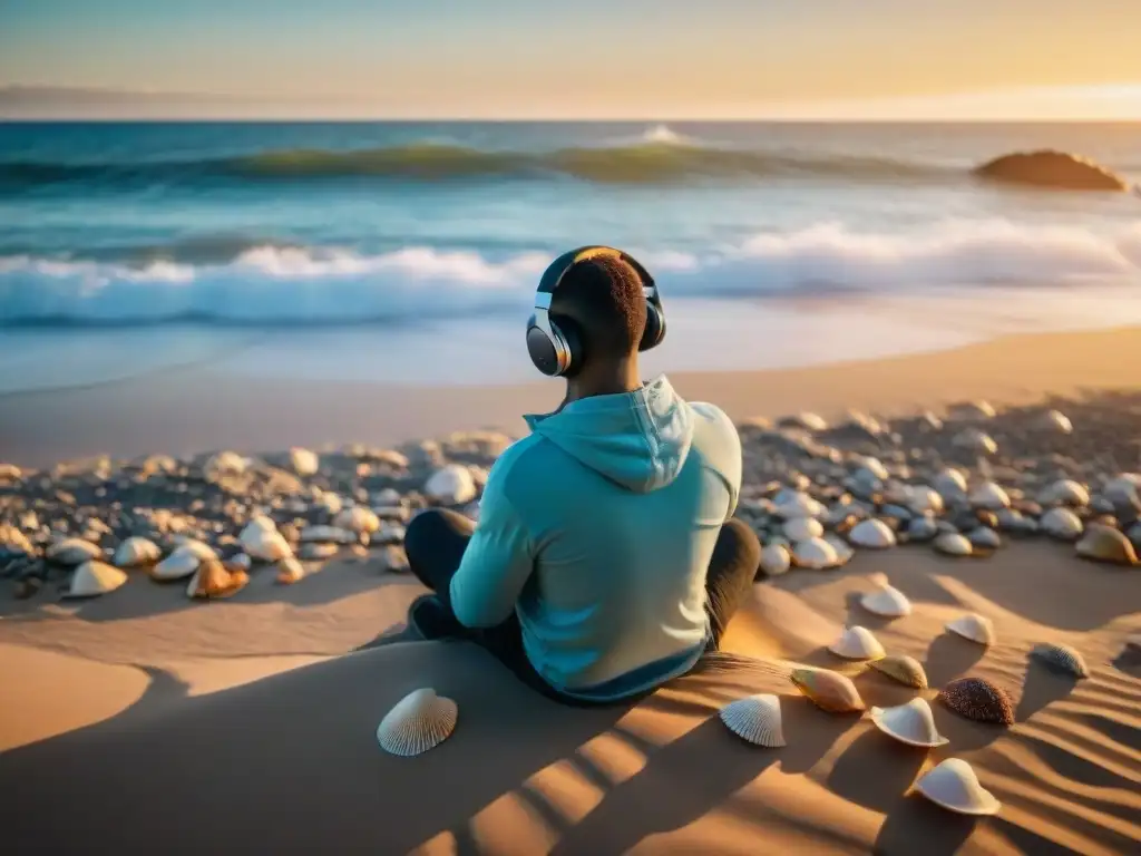 Un viajero disfruta de auriculares inalámbricos en una playa uruguaya al atardecer, rodeado de conchas y un mapa de Uruguay