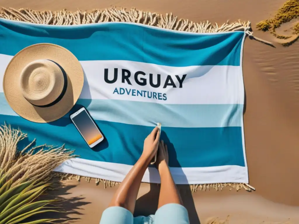 Viajero planeando su aventura en la playa de Uruguay con mapa y diario, rodeado de toallas coloridas