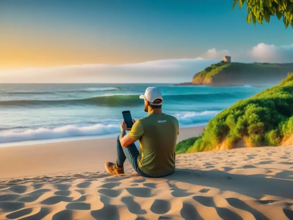 Viajero planeando aventura en Uruguay con aplicación, rodeado de naturaleza exuberante y atardecer dorado