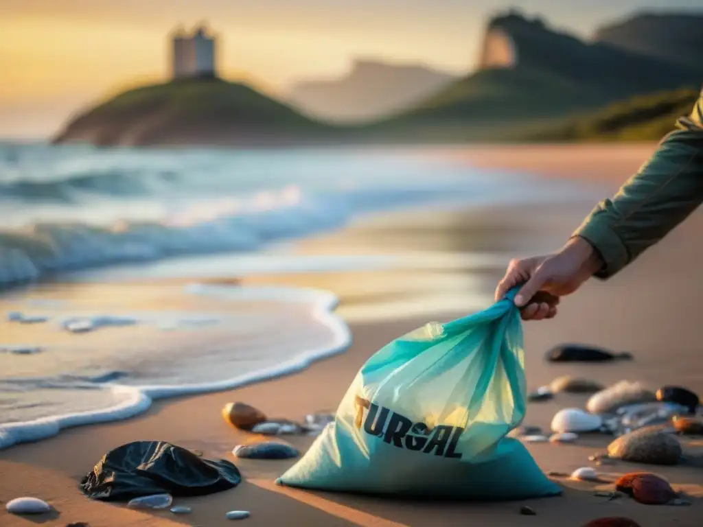 Un viajero recoge basura en una playa de Uruguay al atardecer, destacando la limpieza en la naturaleza