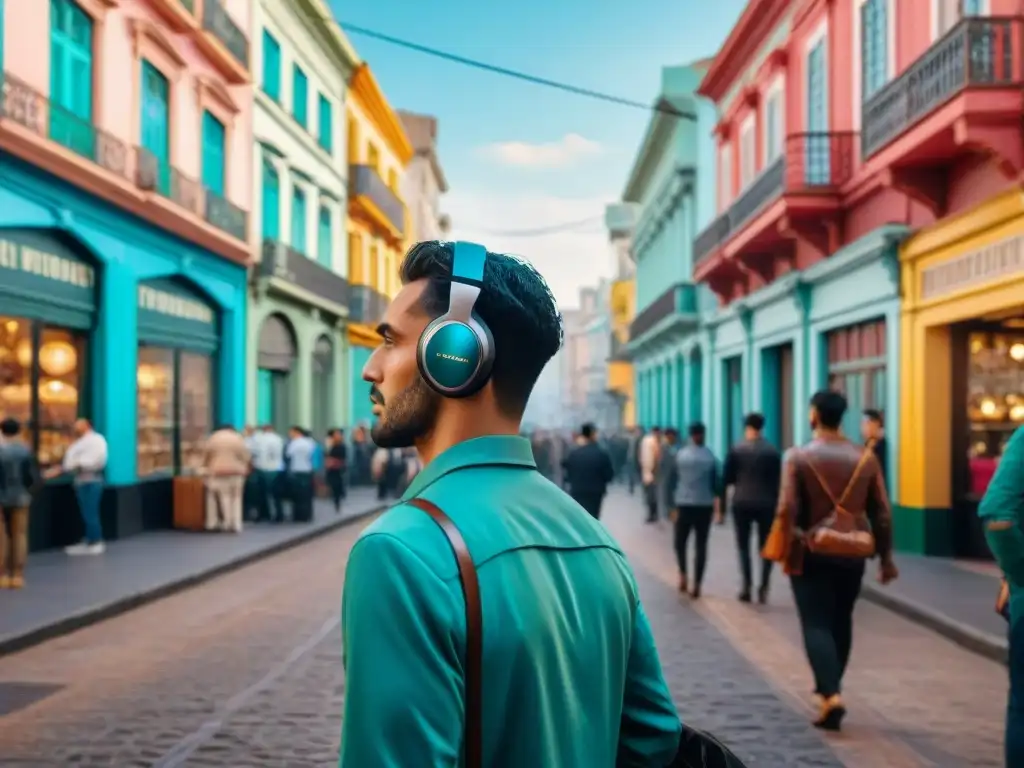 Un viajero explorando las calles de Montevideo, Uruguay, con auriculares inalámbricos para disfrutar de la escena musical local