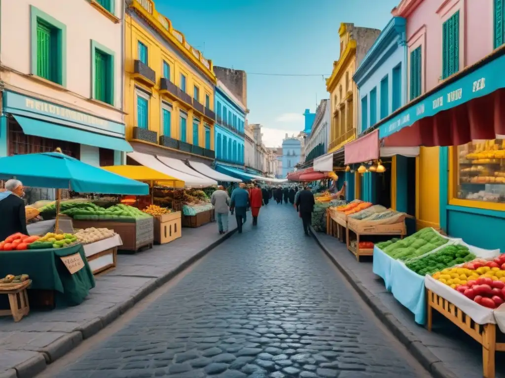 Un viajero explorando las calles vibrantes de Montevideo, Uruguay, probando la cocina local en un mercado bullicioso