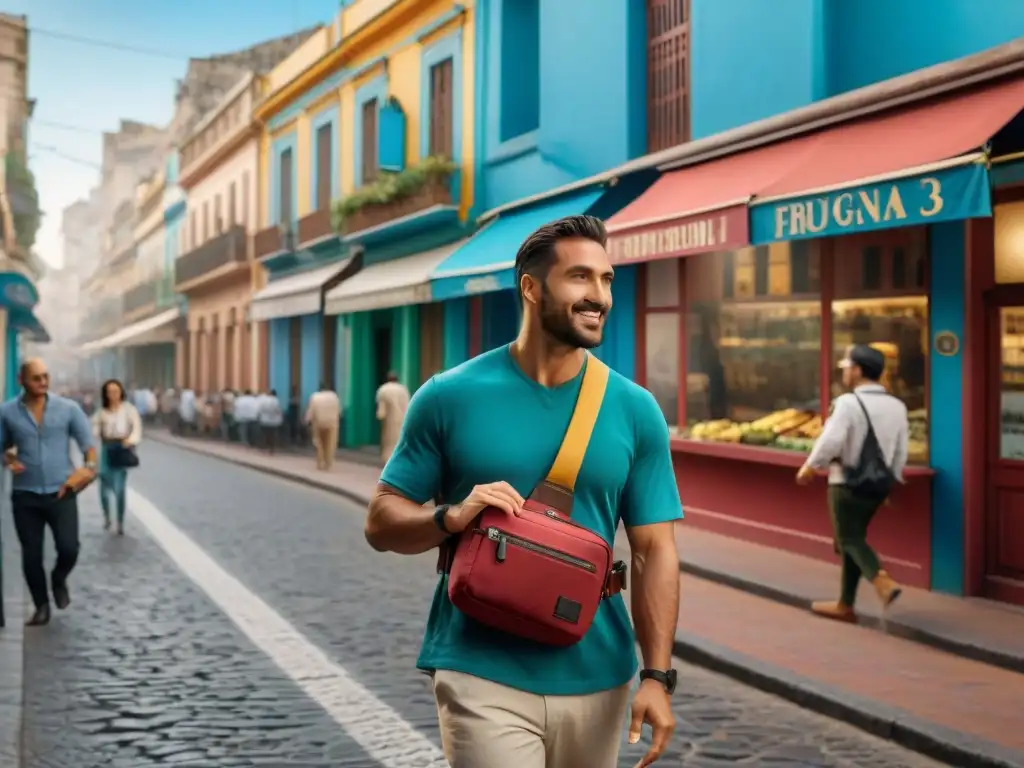 Un viajero explorando las calles vibrantes de Montevideo, Uruguay con una riñonera de aventura para viajeros