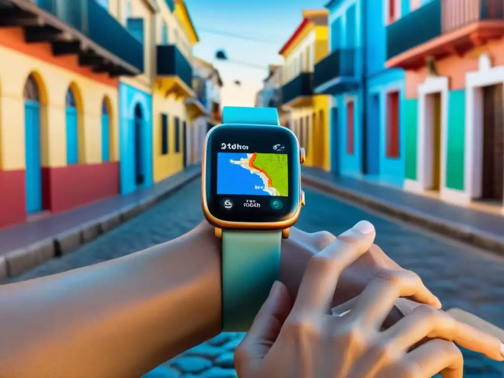 Un viajero explorando las calles vibrantes de Montevideo, Uruguay, con un smartwatch