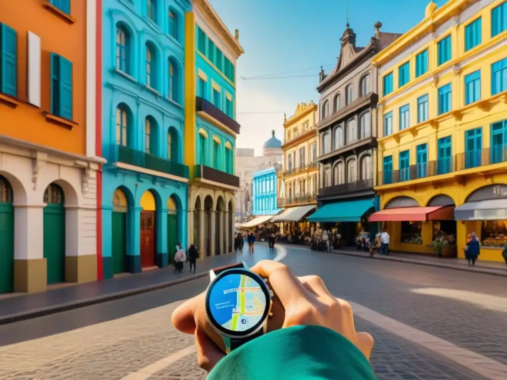 Un viajero explorando las calles vibrantes de Montevideo, Uruguay con un smartwatch que muestra un mapa de la ciudad