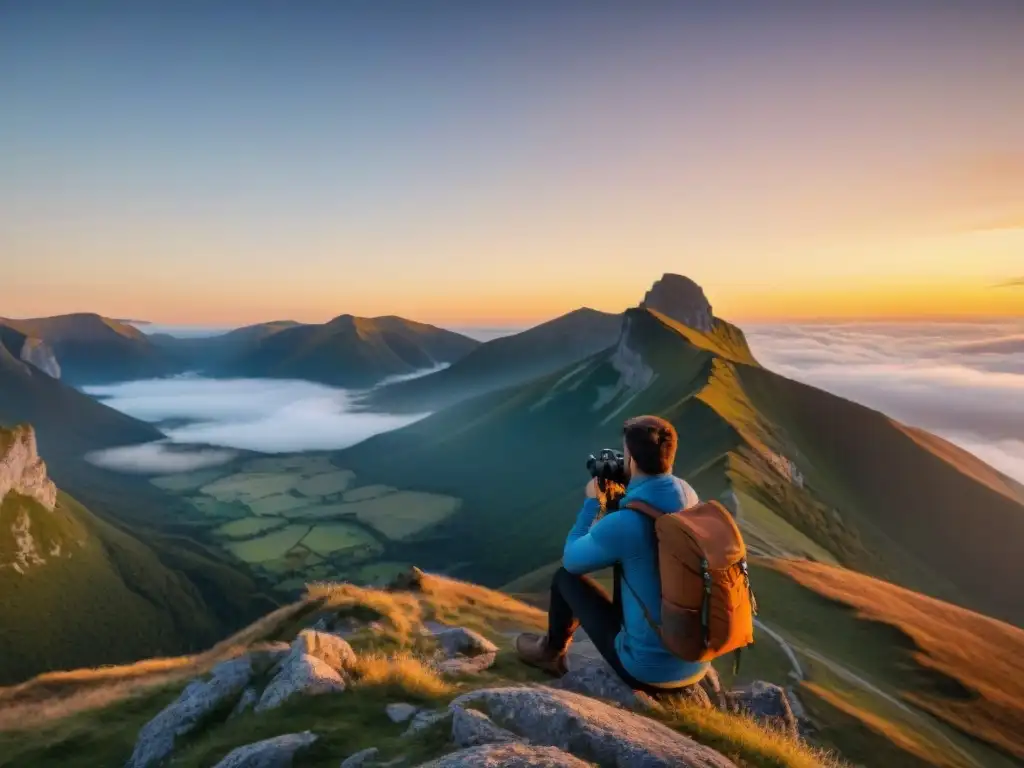 Viajero preparando su cámara al atardecer en la montaña con los mejores gadgets iluminación videos viaje