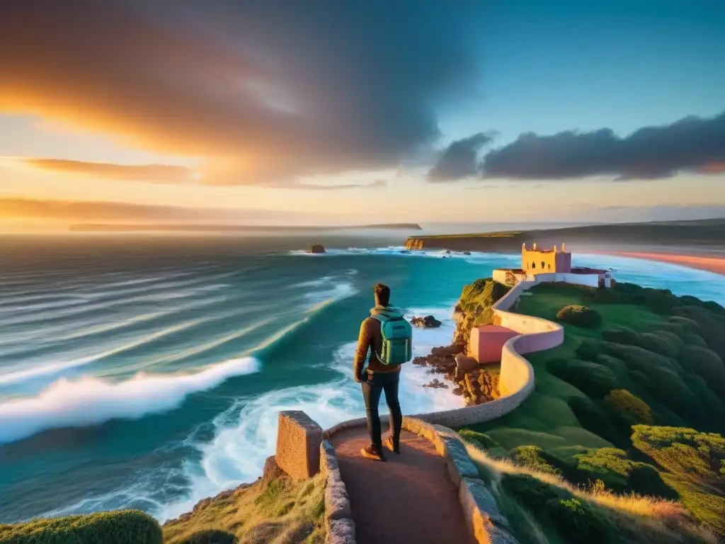 Un viajero en Uruguay admirando Casapueblo al atardecer, resaltando la belleza del pueblo costero