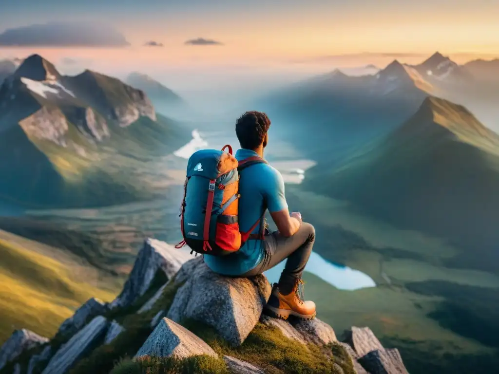 Un viajero en la cima de una montaña al atardecer, con una botella de agua duradera llena de historias de aventura