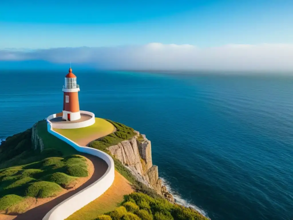 Un viajero contempla la costa de Uruguay desde un acantilado con el faro de Punta del Este al fondo, expresando asombro y aventura