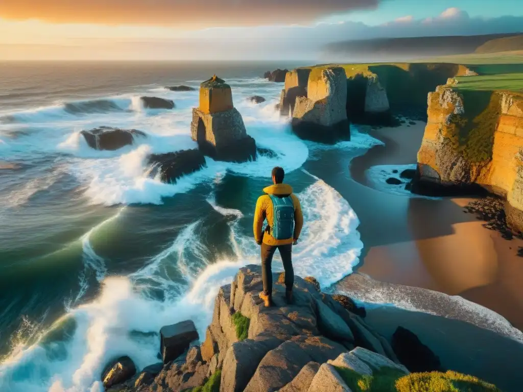 Un viajero explorando la costa de Uruguay al atardecer, con acantilados y olas del Atlántico, bajo un cielo vibrante