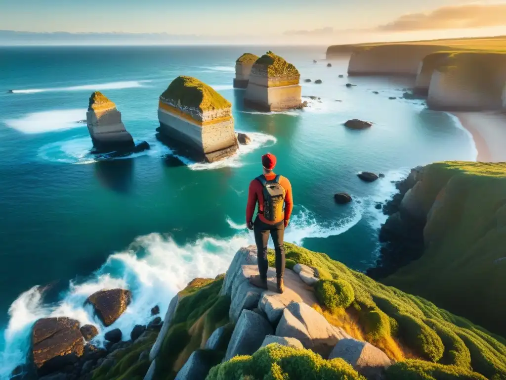 Un viajero explorando la costa de Uruguay con los mejores gadgets para explorar, en un escenario de aventura y descubrimiento