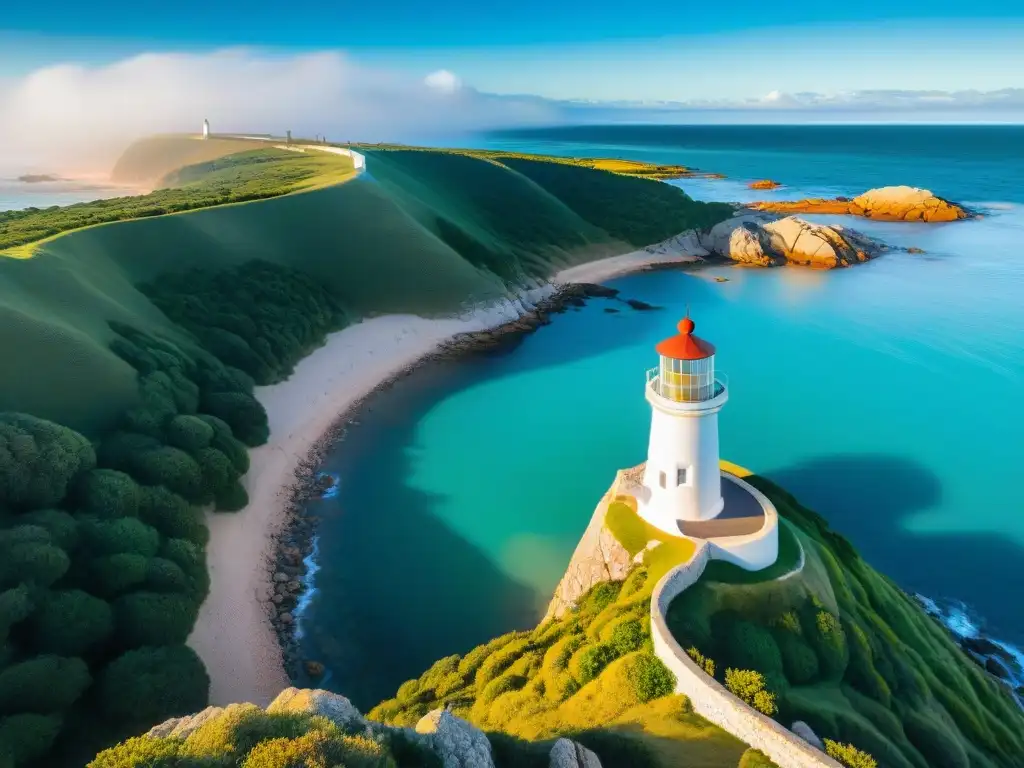 Un viajero en Uruguay admira la costa de Punta del Este, con el Faro de fondo