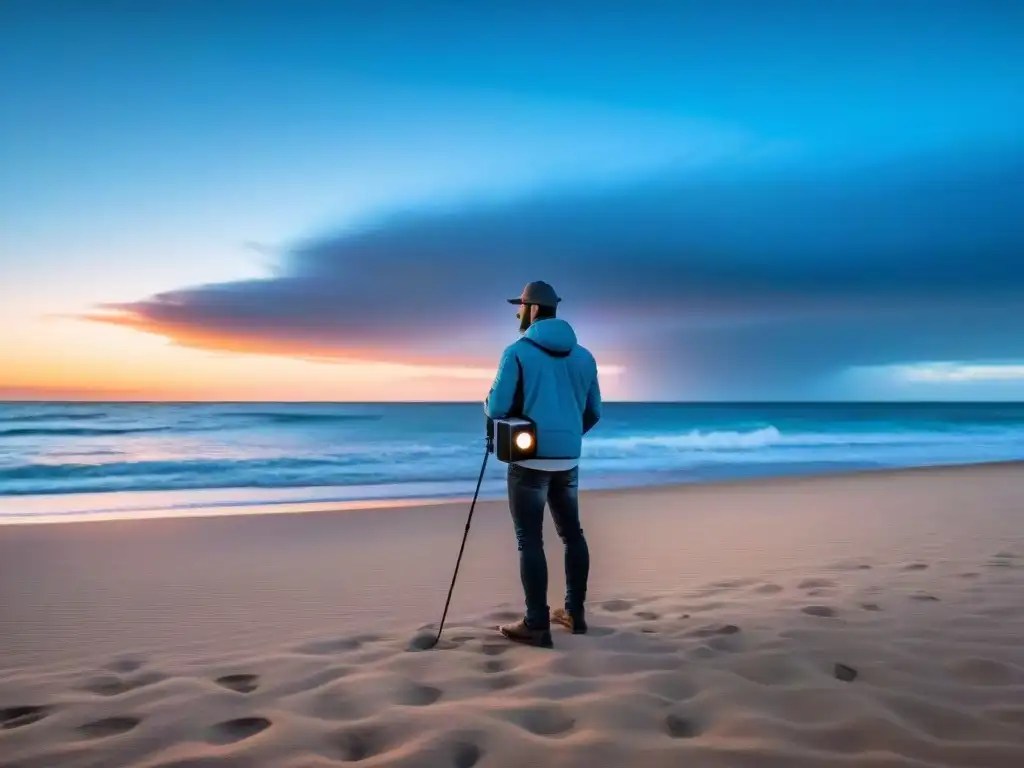 Viajero en Uruguay con dispositivo de comunicación de alta tecnología en la playa al atardecer, fusionando tecnología y naturaleza