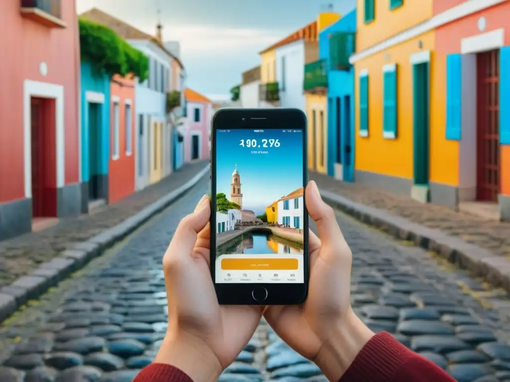 Un viajero feliz usando una app de ahorro en viajes en las calles de Colonia del Sacramento, Uruguay