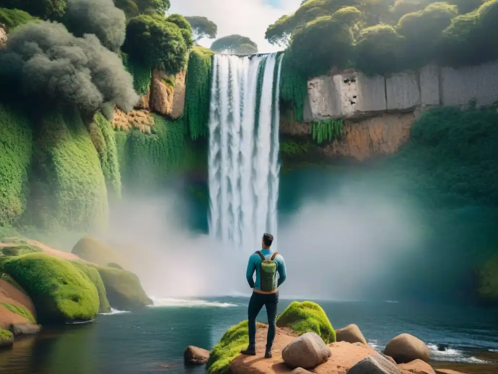 Un viajero en Uruguay usa un filtro de agua portátil junto a una cascada, rodeado de exuberante vegetación