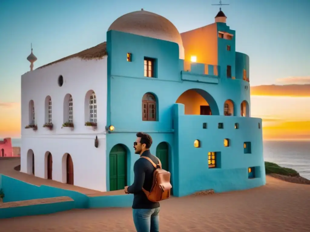 Un viajero en Uruguay frente a Casapueblo al atardecer, con un gadget de traducción, conectando con un artista local